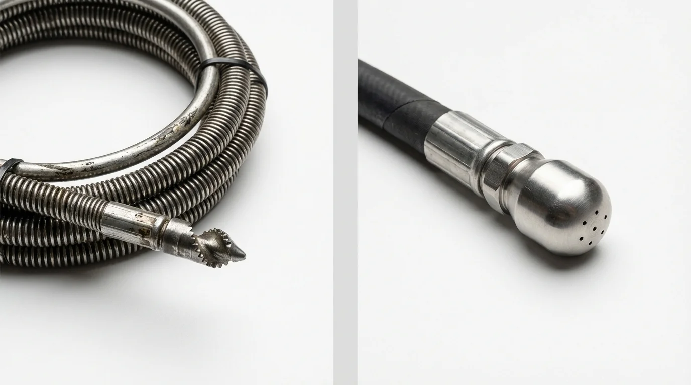 Drain snake cable and hydro jetting nozzle used for drain cleaning in Carthage, MS