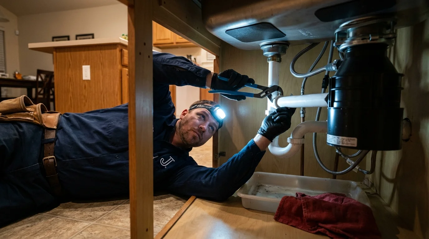 P-trap and supply line connections under a kitchen sink showing a common leak point in Carthage, MS